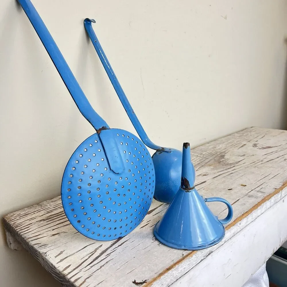 Antique Primitive Robins Egg Blue Enamelware Kitchen Utensils Trio Farmhouse Lot